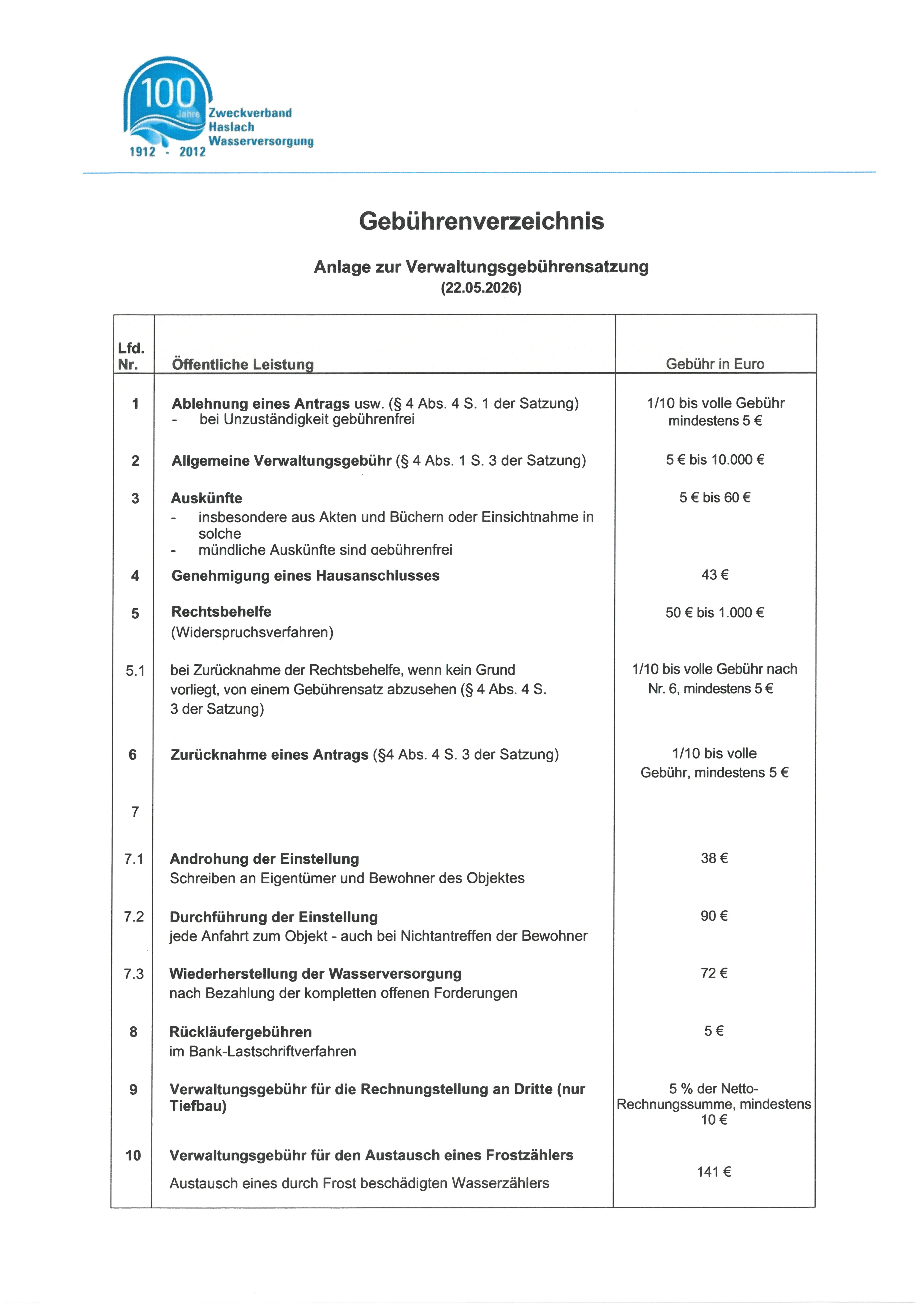 Anlage zur Verwaltungsgebührensatzung - Gebührenverzeichnis